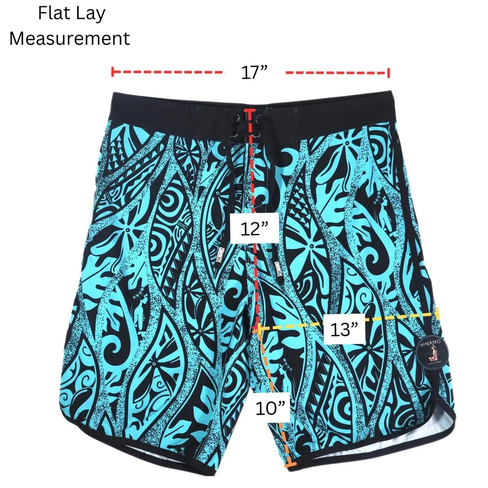 Hinano Tahiti Board Shorts Mens 32 Turquoise Black Tribal Print Stretch Surfing